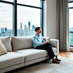 A person in a tranquil, modern apartment living room, wearing a modest, fully clothed, professional smart casual outfit, sitting comfortably on a sofa. Through a large, multi-pane window, a vibrant yet blurred cityscape of a major metropolis is visible in the background, subtly indicating the bustling outdoor environment. The room is designed with clean lines, featuring discreet acoustic panels on the walls and thick, luxurious curtains. The atmosphere is one of profound peace and quiet. safe for work, appropriate content, fully clothed, professional, family-friendly, perfect anatomy, correct proportions, natural pose, well-formed hands, proper finger count, natural body proportions, professional photography, high quality.