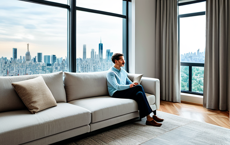 A person in a tranquil, modern apartment living room, wearing a modest, fully clothed, professional smart casual outfit, sitting comfortably on a sofa. Through a large, multi-pane window, a vibrant yet blurred cityscape of a major metropolis is visible in the background, subtly indicating the bustling outdoor environment. The room is designed with clean lines, featuring discreet acoustic panels on the walls and thick, luxurious curtains. The atmosphere is one of profound peace and quiet. safe for work, appropriate content, fully clothed, professional, family-friendly, perfect anatomy, correct proportions, natural pose, well-formed hands, proper finger count, natural body proportions, professional photography, high quality.