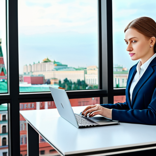 Home 9 Modern Moscow Office**
"A successful businesswoman in a stylish, modest business suit, working on a laptop at a bright, modern office in Moscow, overlooking the cityscape, fully clothed, appropriate attire, safe for work, perfect anatomy, natural pose, professional digital art, high resolution."
**
