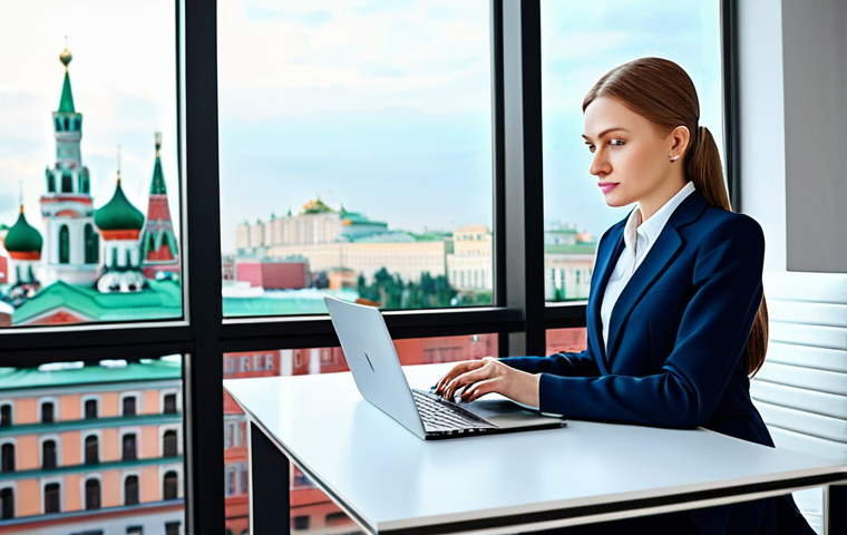 Modern Moscow Office**

"A successful businesswoman in a stylish, modest business suit, working on a laptop at a bright, modern office in Moscow, overlooking the cityscape, fully clothed, appropriate attire, safe for work, perfect anatomy, natural pose, professional digital art, high resolution."

**