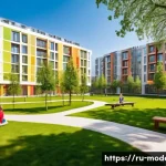 현대건축물 친환경 주거단지 - **Prompt:** A vibrant, sunlit courtyard of a modern Russian eco-residential complex. The car-free sp...