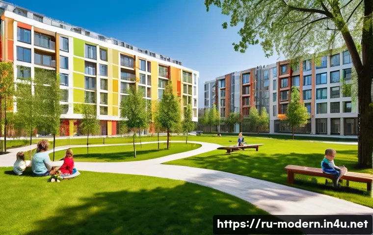 현대건축물 친환경 주거단지 - **Prompt:** A vibrant, sunlit courtyard of a modern Russian eco-residential complex. The car-free sp...