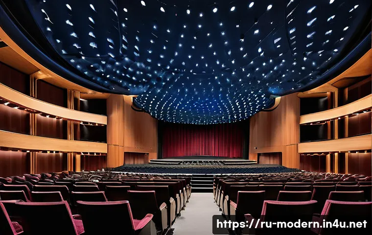 현대건축물 콘서트홀 음향 설계 - **Prompt: The Symphony of Surfaces**
    A luxurious, modern concert hall interior designed with sta...