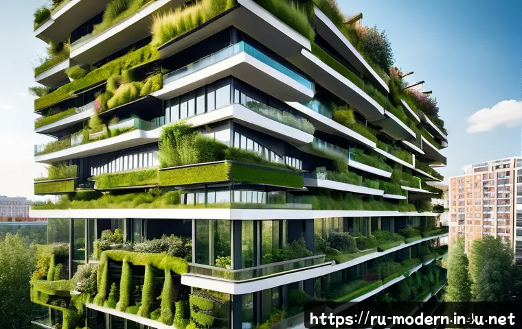 현대건축물 실험적 건축 사례 - A futuristic urban residential complex in Moscow featuring integrated vertical gardens and green roo...