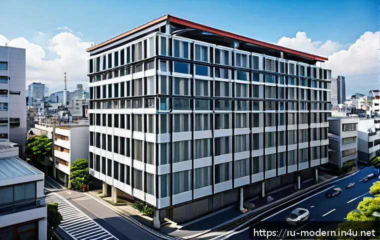 현대건축물 내진 설계 기술 - A modern multi-story residential building in Tokyo equipped with advanced seismic dampers and shock ...