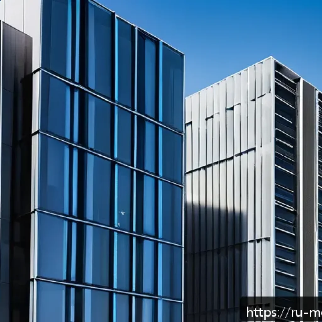 현대건축물 미세먼지 저감 건축 - A modern urban building facade coated with advanced nanotechnology dust-reducing layers, showing a s...