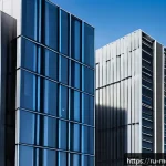 Home 19 현대건축물 미세먼지 저감 건축 - A modern urban building facade coated with advanced nanotechnology dust-reducing layers, showing a s...