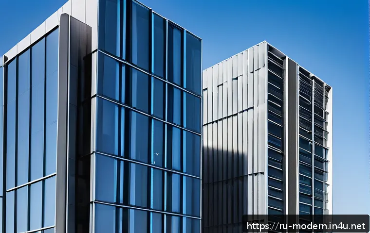 현대건축물 미세먼지 저감 건축 - A modern urban building facade coated with advanced nanotechnology dust-reducing layers, showing a s...