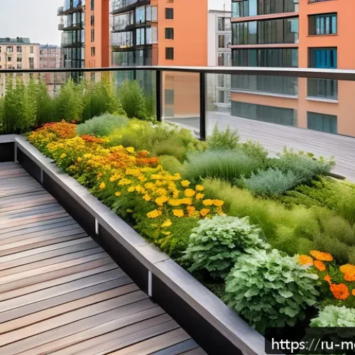 Home 30 현대건축물 친환경 도시 개발 - A vibrant urban rooftop garden in a modern Moscow residential area, featuring lush green plants nati...