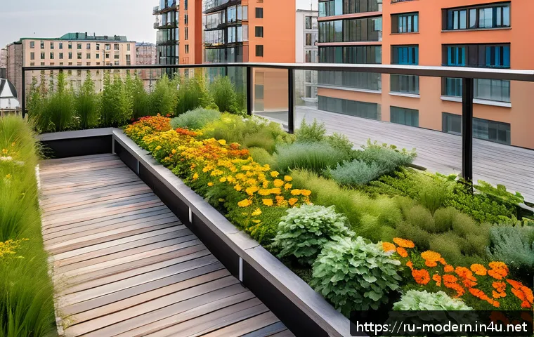 현대건축물 친환경 도시 개발 - A vibrant urban rooftop garden in a modern Moscow residential area, featuring lush green plants nati...
