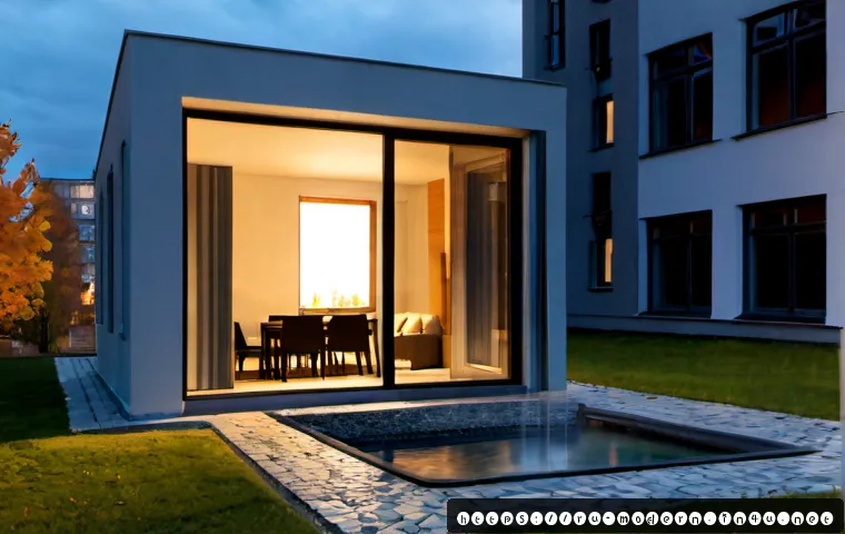 현대건축물 지열 에너지 활용 - Photorealistic modern residential building in a Russian city during early autumn, elegant glass and ...